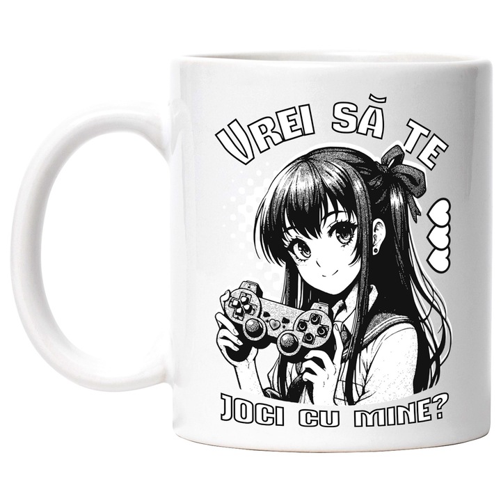 Cana fata stil anime jocuri video Vrei sa te joci cu mine, 330ml, Ceramic cu Maner Alb