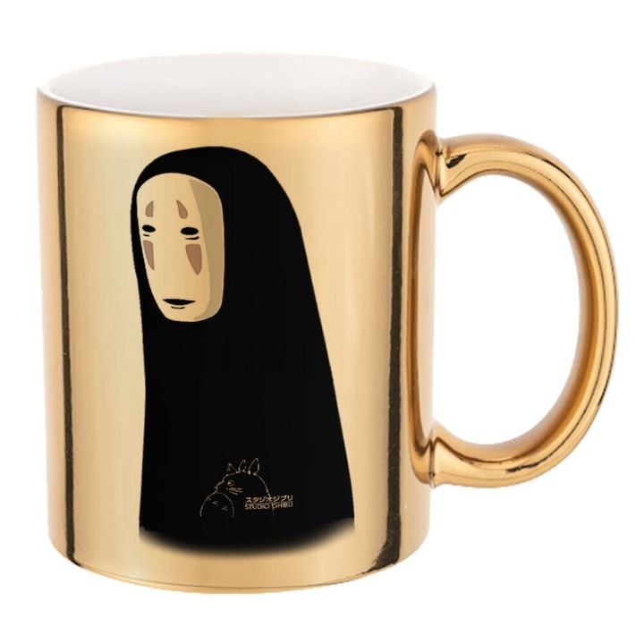 Cana ceramica Spirited Away No Face, 330ml, efect oglinda aurie, pentru bauturi calde si reci