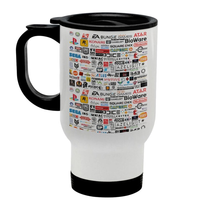 Cana de calatorie din otel inoxidabil, 450ml, cu capac si manere, alb, set