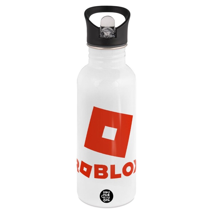 Sticla de apa 600ml, rosie si alba, cu capac cu pai, din otel inoxidabil, set pentru copii