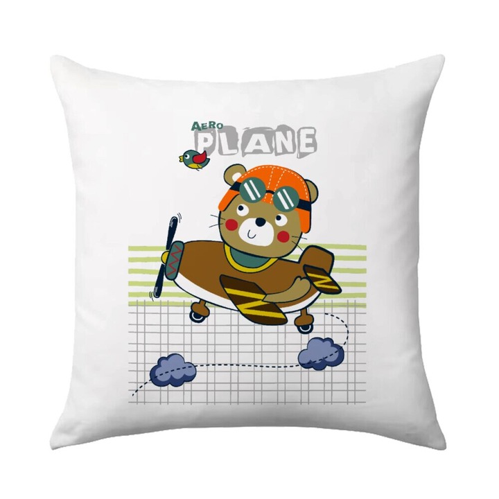 Perna decorativa Kids Plane, 40x40cm, design pe o parte, umplutura inclusa