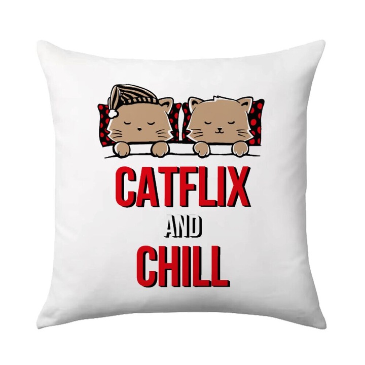 Perne decorative, Catflix and Chill, 40x40cm, multicolor, umplutura inclusa