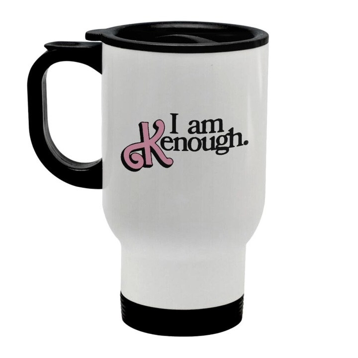 Cana de calatorie din otel inoxidabil, Barbie, 450ml, alb, cu capac si manere