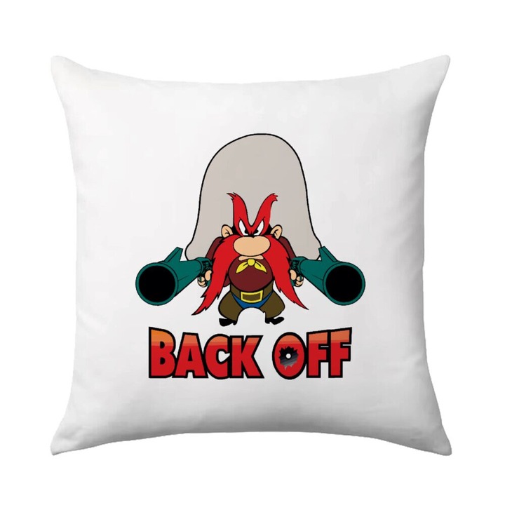 Perna decorativa Yosemite Sam Back OFF, 40x40cm, material poliester, design pe o parte, umplutura lavabila