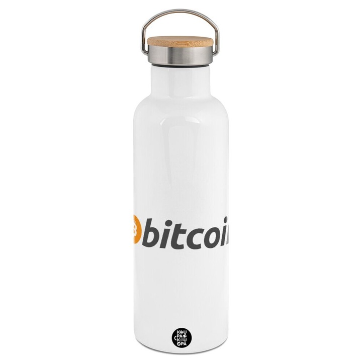 Termos din otel inoxidabil, Bitcoin Crypto, capacitate 750ml, alb cu capac din lemn, perete dublu