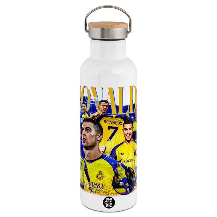 Termos din otel inoxidabil, Cristiano Ronaldo Al Nassr, capac din lemn, 750ml, alb, perete dublu