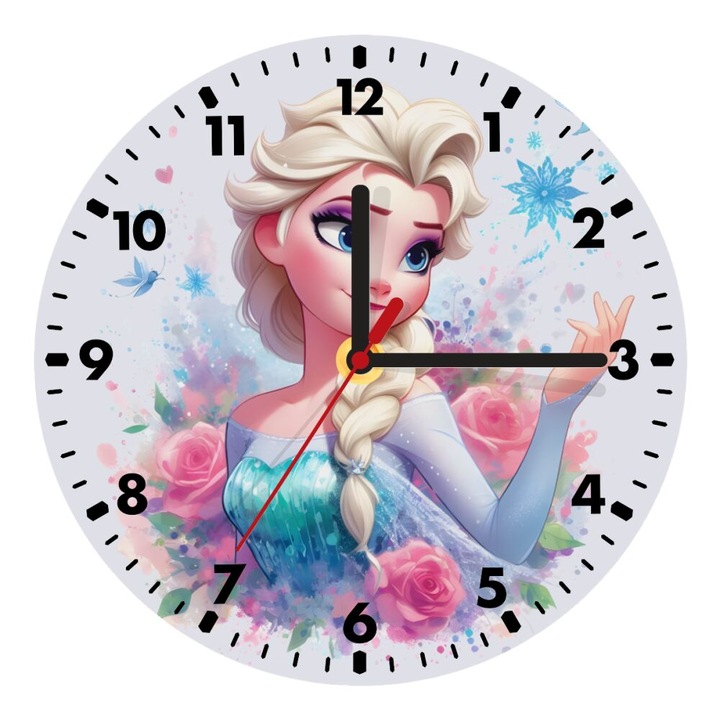 Ceas decorativ din lemn, Elsa Princess, 20cm, montare pe perete, functioneaza cu baterie AA 1.5V