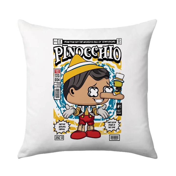 Perna decorativa Pinocchio, 40x40cm, design pe o parte, umplutura inclusa