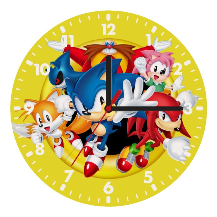 Ceas de perete din lemn, Sonic and friends, 20cm, montare pe perete
