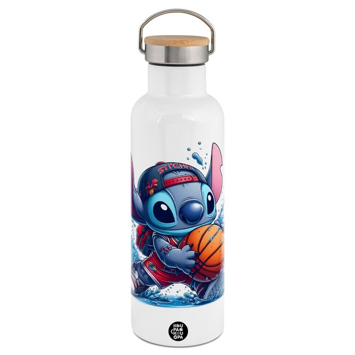 Sticla termos, Stitch Baschet, Inox, Capac bambus, Pereti dubli, 750ml, 7.8 x 29.5 cm, Alb/Albastru