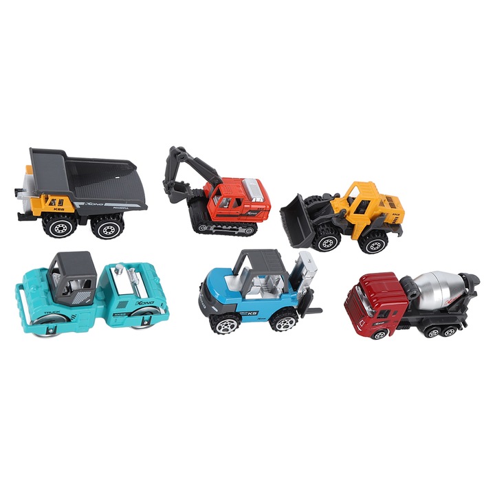 Set 6 Utilaje de Constructie Miniatura, Excavator, Stivuitor, Multicolor, Dimensiune mica