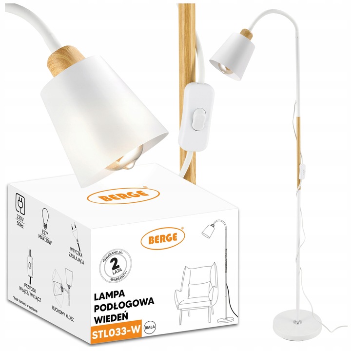 Állólámpa, Berge, 150 cm, E27, 1 fényforrással, vezetékes, A osztály, 230 V, 40 W, fehér, fekete, barna