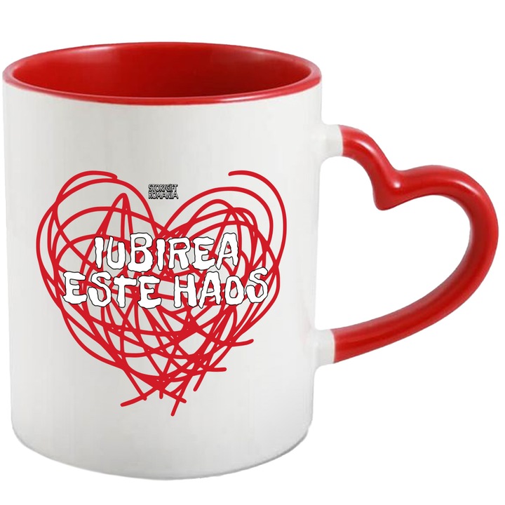 Cana Inima desenata haos iubire dragoste complicata, 330ml, Ceramica cu Maner Inima Rosie