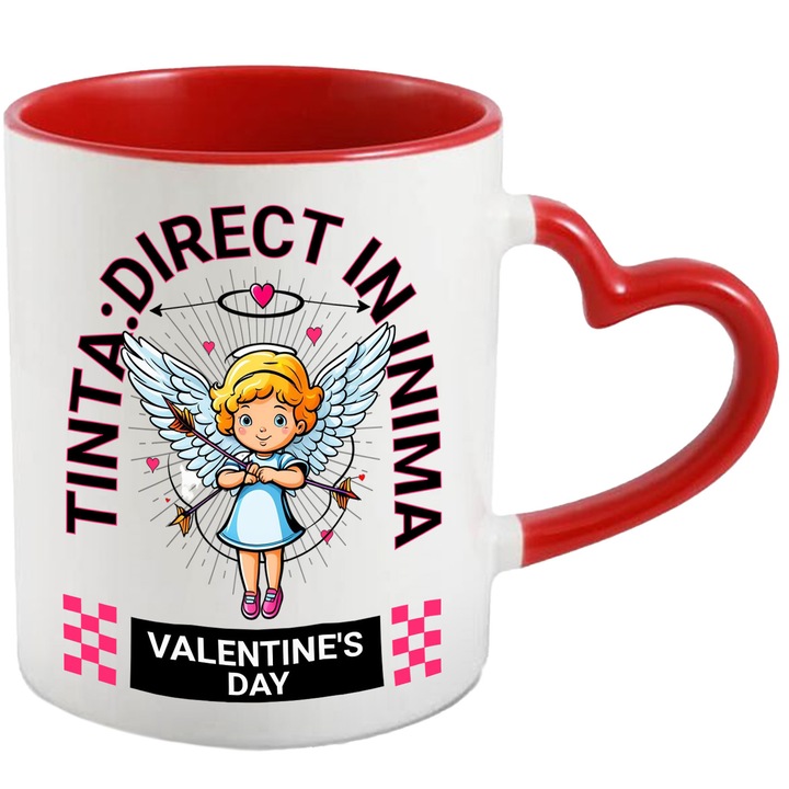 Cana Ingerul iubirii sageti tinta in inima, 330ml, Ceramica cu Maner Inima Rosie