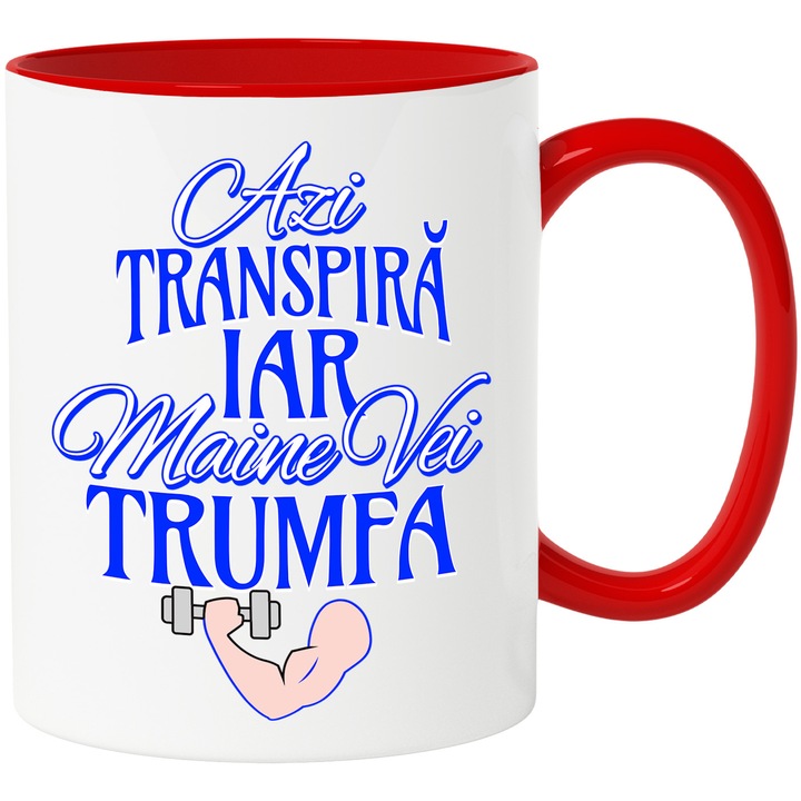 Чаша Motivational Message Sport Sweat Today And Tomorrow You Will Win, 330 ml, керамика с червена дръжка