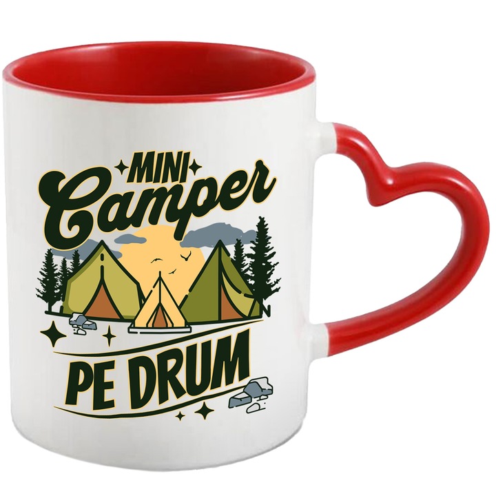 Cana Mini camper pe drum, familie, drumetie, padure, 330ml, Ceramica cu Maner Inima Rosie