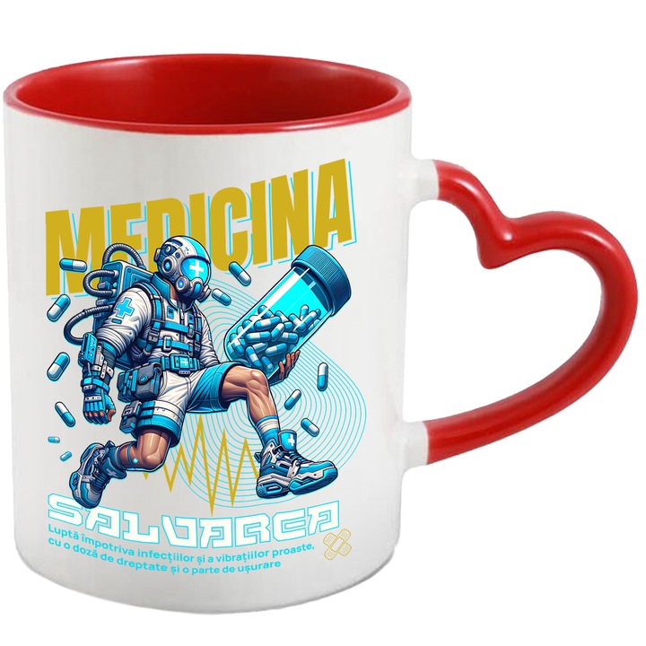 Cana Medicina salvarea omenirii santate om cu pastile, 330ml, Ceramica cu Maner Inima Rosie