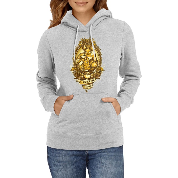 Hanorac femei Japan Manga Anime Comics Tralala Pokemon I Choose Electric, Gri melange