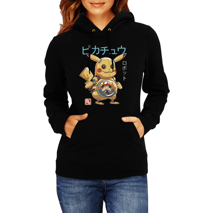 Hanorac femei Japan Manga Anime Comics Tralala Pokemon Pikachu Robot, Negru