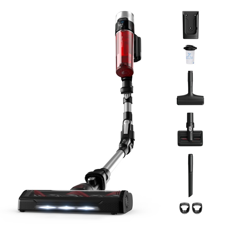 Rowenta X-Force Flex 9.60 Animal Care RH2077WO vezeték nélküli függőleges porszívó, 250 W, 18.5 V, autonómia 45 perc, szűrés 99,9%, portartály 0,44 l, flexibilis cső, kefe LED világítással, SmartControl panel, fali tartó töltéssel, piros és fekete