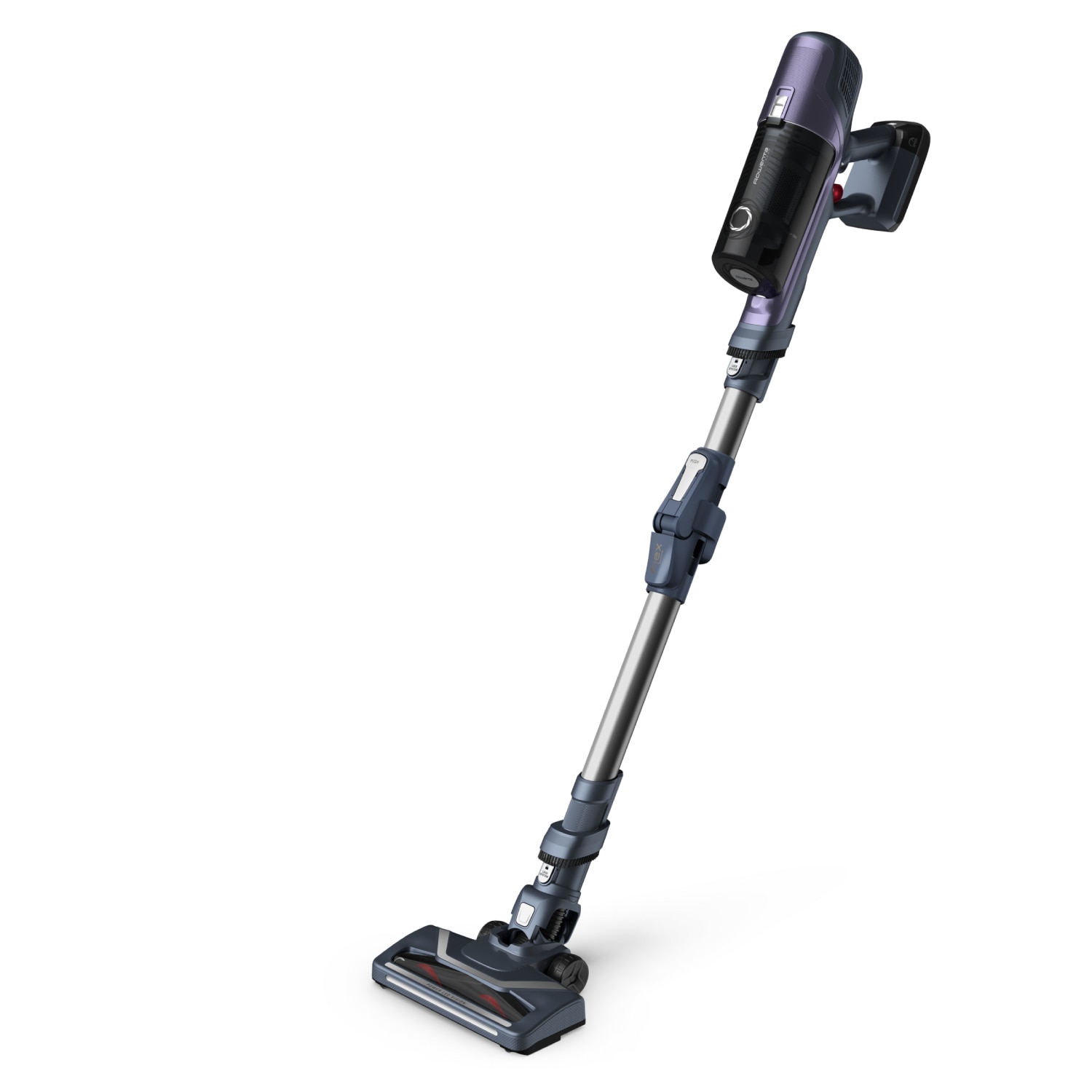 Aspirator vertical fara fir Rowenta X-Pert 6.60 Essential RH6848WO, 100W, autonomie 45 min, recipient praf 0.55L, statie de incarcare, duza spatii inguste, perie tapiterie, iluminare LED, violet, gri & argintiu