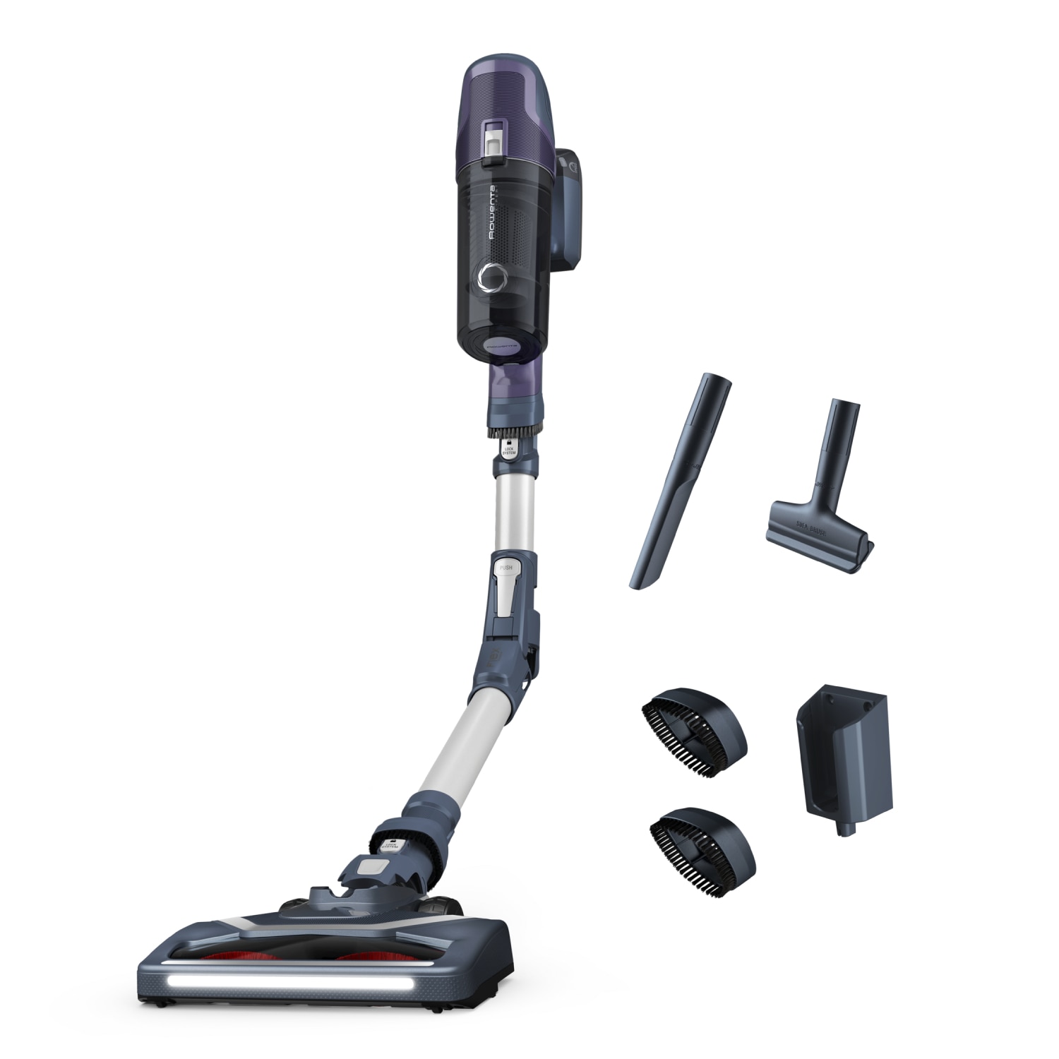 Aspirator vertical fara fir Rowenta X-Pert 6.60 Essential RH6848WO, 100W, autonomie 45 min, recipient praf 0.55L, statie de incarcare, duza spatii inguste, perie tapiterie, iluminare LED, violet, gri & argintiu