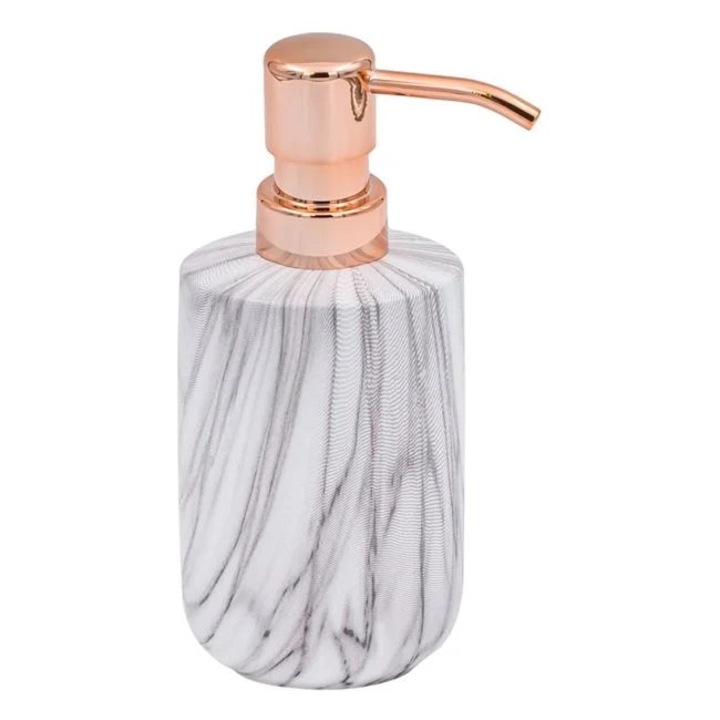 Dozator pentru sapun lichid Antbro® ceramic cu pompa de culoare roz aurie si model marble, Ø7x16.5cm