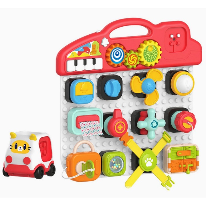 Plansa de constructie muzicala Montessori Block Board HE8081, pentru copii 18 luni+, set educativ cu 15 piese colorate, dezvoltare cognitiva si motorie, Picodino, Multicolor