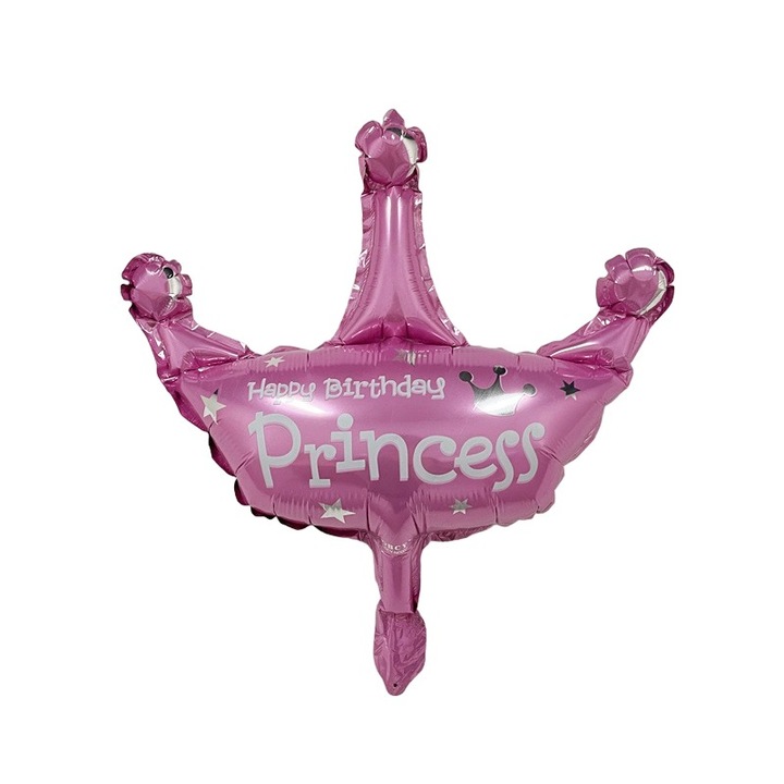 Balon din Folie Metalizata, Cyrax, Mini Figurine, Model Coroana de Printesa, Tematica Aniversare, 42x38 cm, Ambalaj Individual, Pai Inclus, Umflare cu Aer sau Heliu, Roz