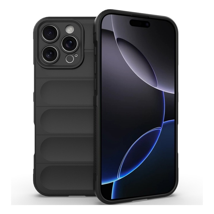 Mikroszálas szilikon puffer tok, Apple iPhone 16 Pro készülékhez, Optim Solution , Katonai szintű ellenállás, Ujjlenyomat-mentes, Rugalmas TPU, Ergonomikus kialakítás, Fekete
