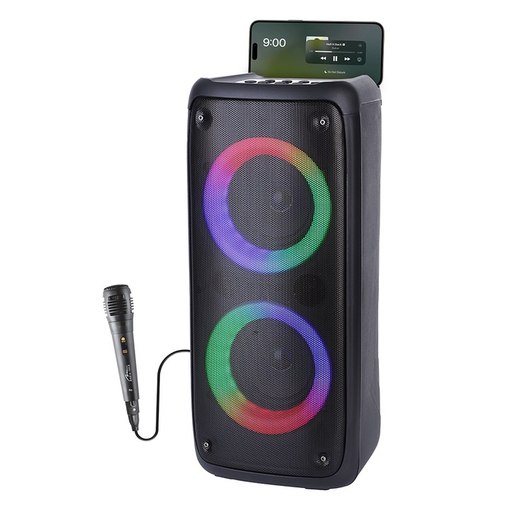 Безжичен преносим високоговорител за караоке, Media-Tech FUNBOX MT3181, FM радио, MP3 плейър, караоке, 40 W RMS, RGB осветление, черен
