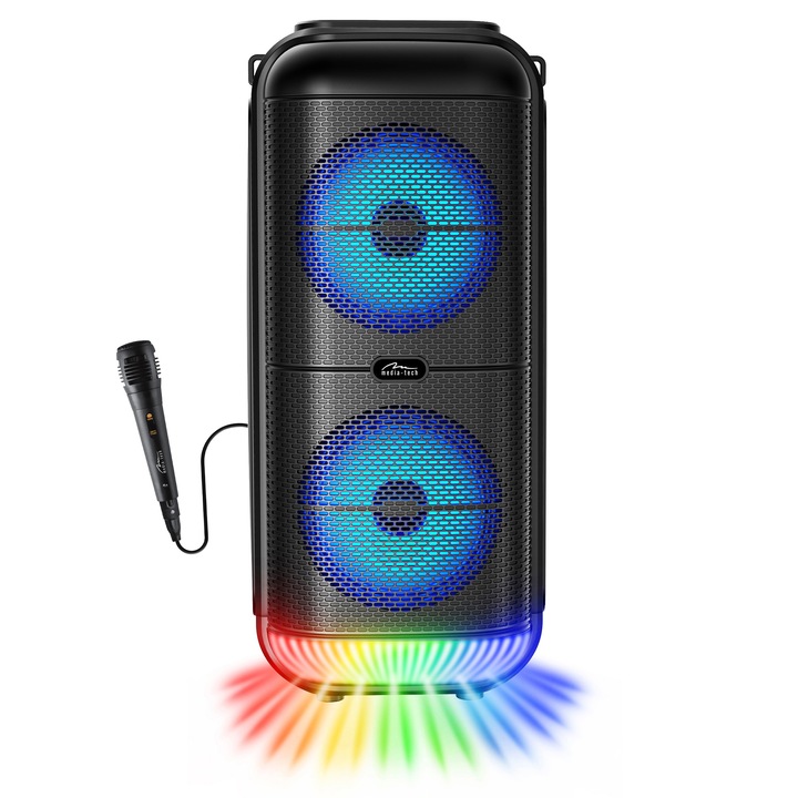Безжичен преносим високоговорител за караоке, Media-Tech POWER AUDIO TWS MT3183, FM радио, MP3 плейър, караоке, 50 W RMS, RGB осветление, черен