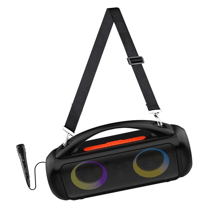 Безжичен преносим високоговорител за караоке, Media-Tech POWER AUDIO PRO MT3184, FM радио, MP3 плейър, караоке, 60 W RMS, RGB осветление, черен
