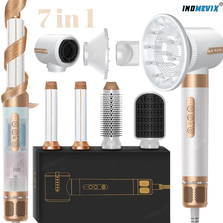 Комплект сешоар INOMEVIX® 7 в 1, 110 000 оборота в минута, 3 скорости и 3 температурни нива, сешоар с диамант, сешоар с дифузер, маша с автоматично абсорбиране, 2 глави за къдрене, четка за изправяне, изглаждаща дюза, 200 милиона йони отрицателни