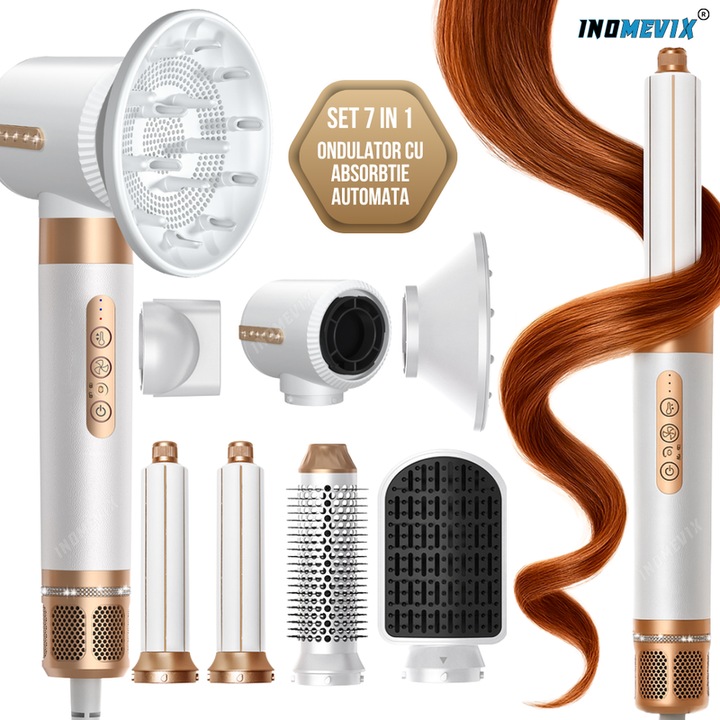 Set coafare profesional 7 in 1 INOMEVIX®, 1400W, flux de aer de mare viteza 110.000 RPM, 3 viteze, 3 trepte temperatura, uscator de par ionic cu difuzor, ondulator automat cu absorbtie, perie electrica indreptare, duza netezire, 200 milioane ioni negativi