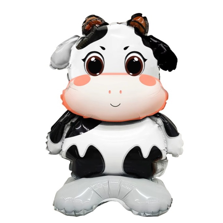 Balon din Folie Metalizata, Danex, Mini Figurine Animalute, Model Vacuta, Tematica Aniversare, 38x58 cm, Ambalaj Individual, Pai Inclus, Umflare cu Aer sau Heliu, Multicolor