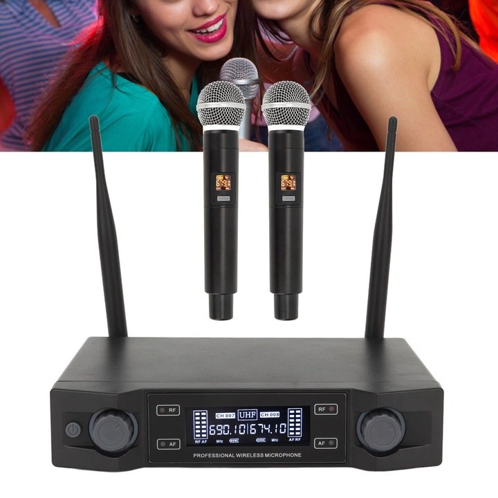 Hordozható mikrofon, longziming, UHF 630-698MHz, 50Hz-16kHz, 2 db AA elem, 1186 g