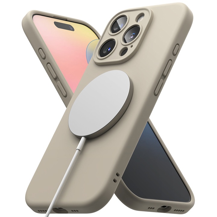 Husa Smooth Silicone MagSafe cu Microfibra pentru Apple iPhone 16 Pro, Ultra Thin, Incarcare Wireless, High Quality Soft Material, Premium Fiber Lining, Unique Stylish Minimalist Design, Drop Protection, Bej