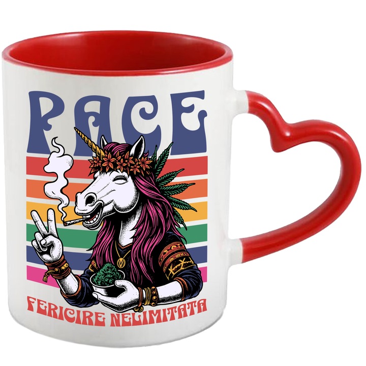 Boldog unikornis bögre béke és korlátlan boldogság, relaxáció, 330 ml, kerámia, piros szív fogantyúval