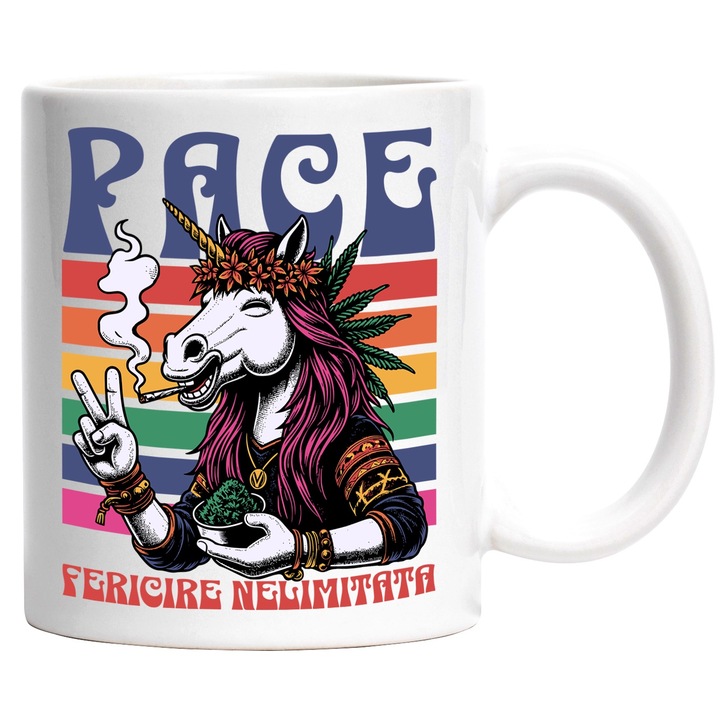 Boldog unikornis bögre béke és korlátlan boldogság, relaxáció, 330ml, kerámia fehér fogantyúval