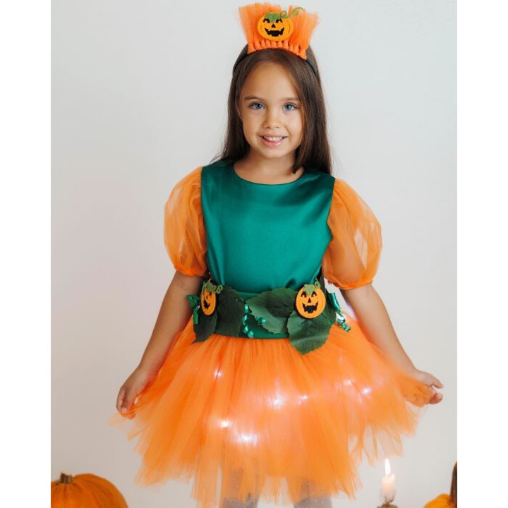 Fustita Cu Luminite, Dovleac, din tulle portocaliu si sortulet decorativ detasabil, pentru serbare si carnaval, 3-18 luni