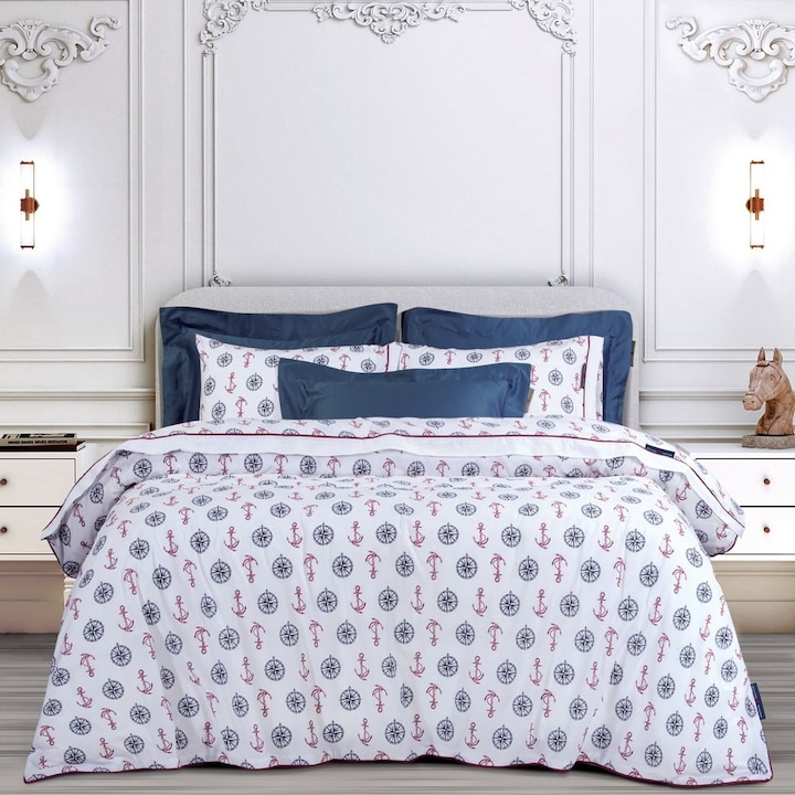 Lenjerie de pat 2182 Greenwich Polo Club, set 4 piese, 70% bumbac, 30% poliester, 240x260cm, 260x280cm, alb-albastru-rosu