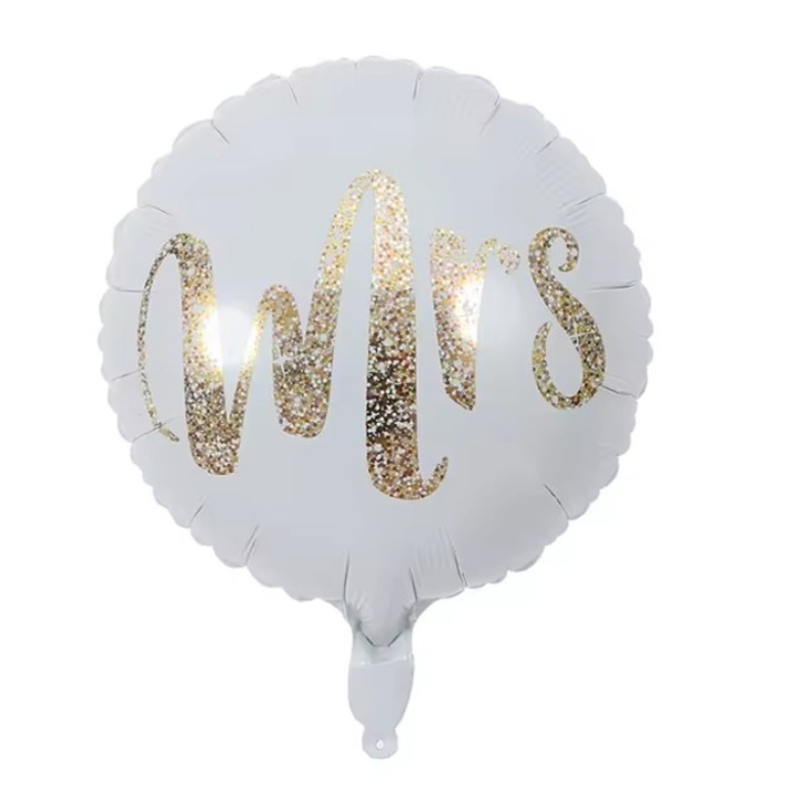 Балон от Метализирано Фолио, Лески, Фигура Кръг, Модел MRS, Сватбена Тематика, 45 см, Индивидуална Опаковка, Включена Сламка, Надуване с Въздух или Хелий, Бял