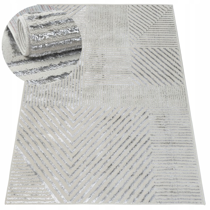 Килим, e-floor, За Спалня, 67x120 см, Сив, Геометричен, Мек, Къс косъм, Съвместим с подово отопление, Издръжлив, Качествена изработка, Подходящ за всеки стил Модерен дизайн