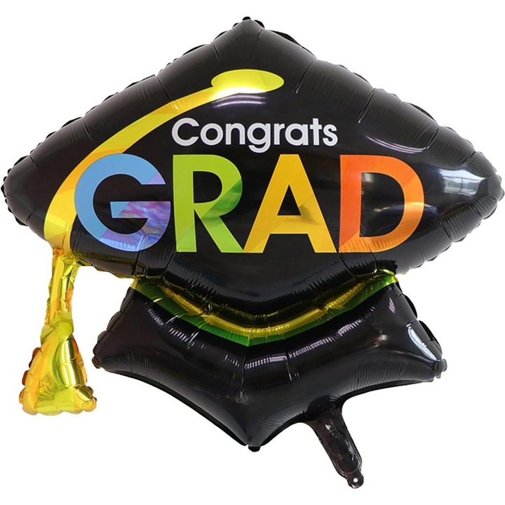 Balon din Folie Metalizata, By Fitilomania, Figurina, Model Toca Congrats Grad, Tematica Absolvire, 66x66 cm, Ambalaj Individual, Pai Inclus, Umflare cu Aer sau Heliu, Negru