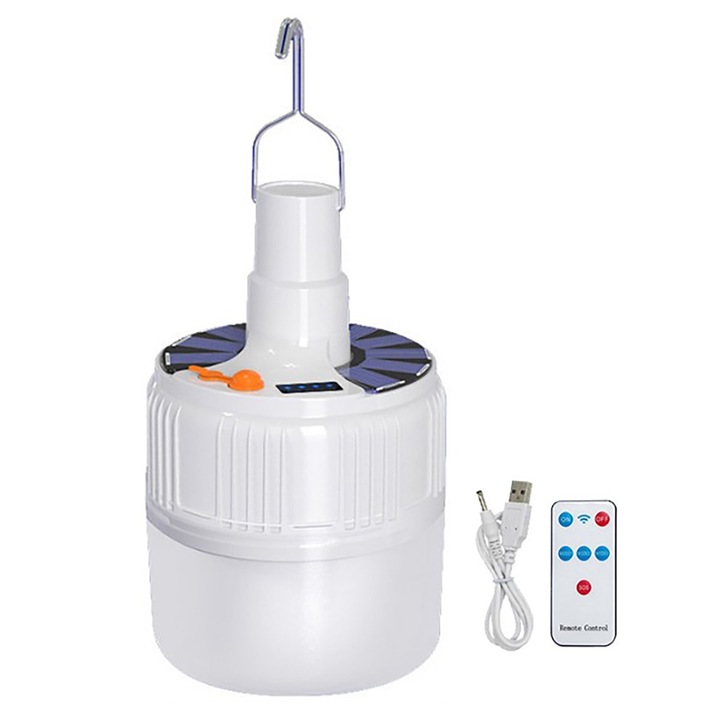 Акумулаторна соларна LED лампа, Jormftte, PVC, 21 W, с дистанционно управление, 12.8 x 8.5 см, бяла