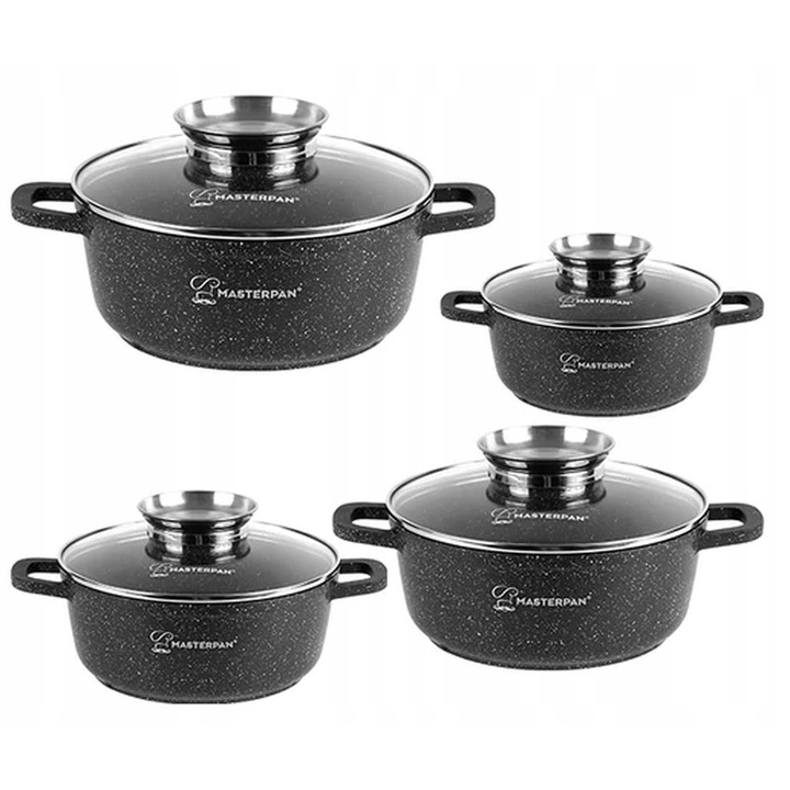 Set 4 oale cu capace, Masterpan, aluminiu, 16x7.5cm/20x9.5cm/24x10.5cm/28x11.5cm, negru