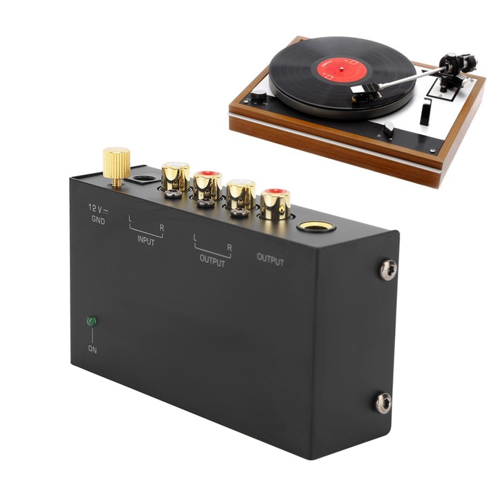 Jormftte Phono előerősítő, fém, 100-240V, 2 RCA, 302g