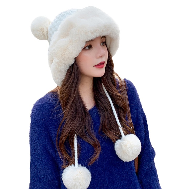 Kötött plüss sapka pompom zsinórokkal Aranyos meleg gyapjú sapka őszi és téli szabadtéri tevékenységekhez