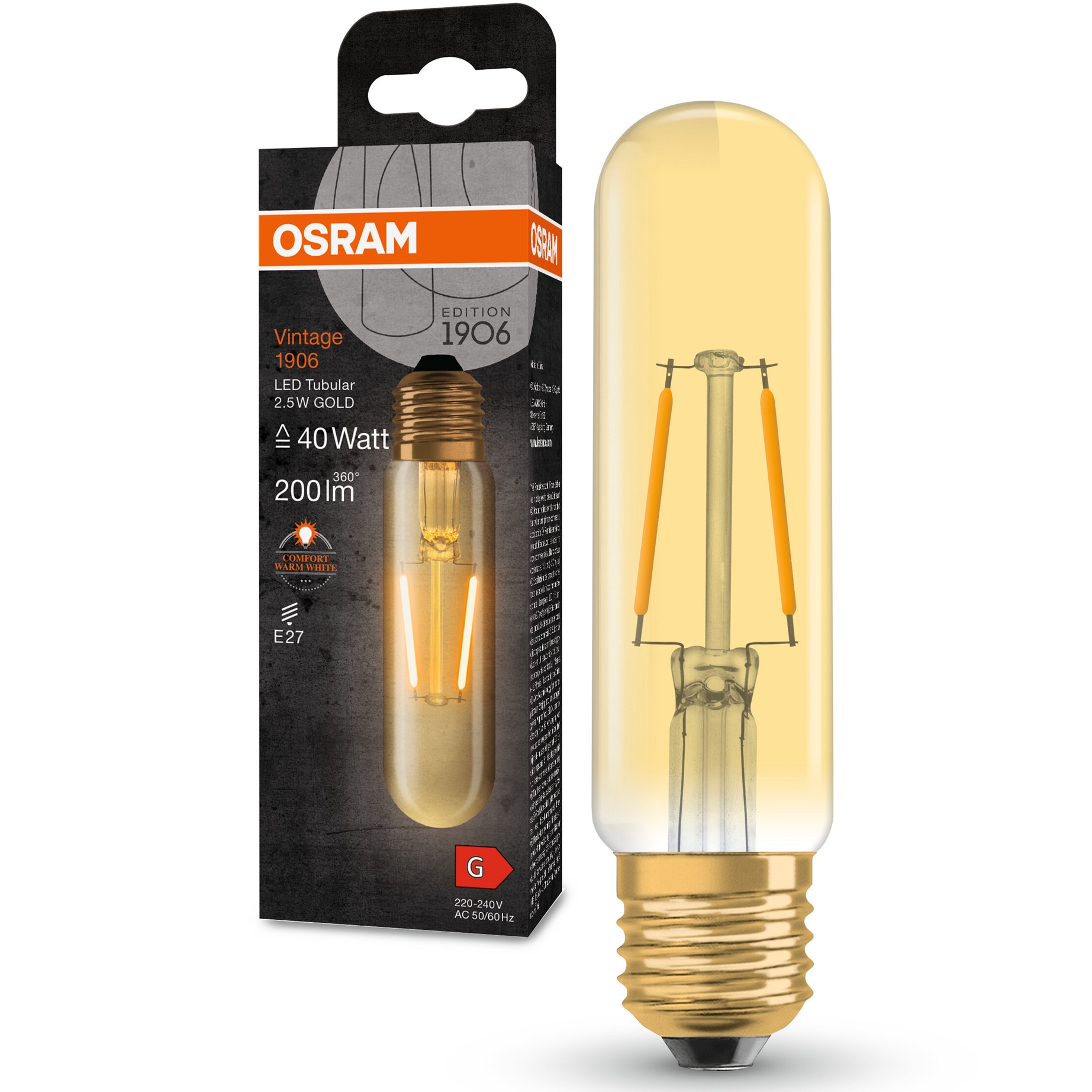 Bec LED OSRAM Vintage Filament Gold (decorativ) tubular, E27, 2.5W (40W), 200 lm, lumina calda (2700K), clasa energetica G